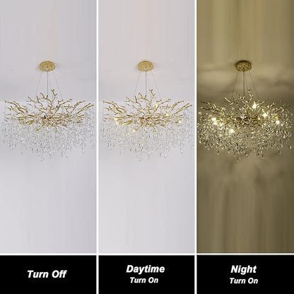 Tree Branches Chandeliers Luxury Round Crystal Pendant Light 8 Light Ceiling Hanging Light for Dining Room Bedroom Living Room Entryway Gold 23.7"