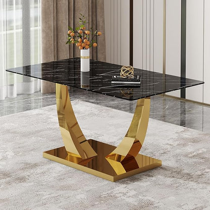AZmac 63'' Black Dining Room Table for 4-6, Faux Marble Dining Table with Gold Base, Rectangle Kitchen Table with Tempered Glass Top for Kitchen Dining Room