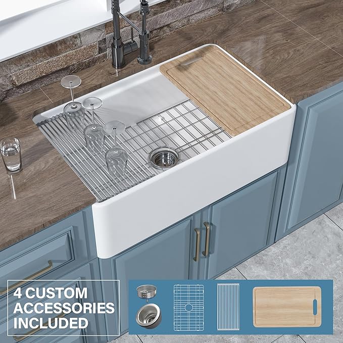 White Farmhouse Workstation Sink 33 x 20 Inch, Firecaly Apron Front Undermount Farm Sink, Single Bowl, w Accessories 4 Types, Reversible (Sleek & Fluted Optional), Pure White, for Kitchen