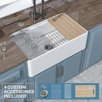 White Farmhouse Workstation Sink 33 x 20 Inch, Firecaly Apron Front Undermount Farm Sink, Single Bowl, w Accessories 4 Types, Reversible (Sleek & Fluted Optional), Pure White, for Kitchen
