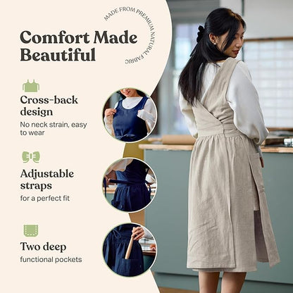 HANEE Linen Cross Back Apron for Women with Pockets - Japanese, Korean Style No Tie Pinafore Smock for Kitchen Cooking Garden