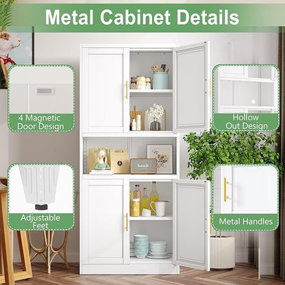 Ckzbx Pantry Cabinet 61" H Metal Kitchen Cabinet with 4 Doors, Bathroom Cabinets, 2 Adjustable Shelves for Kitchen, Home Office, Living Room, Dinning Room (White)