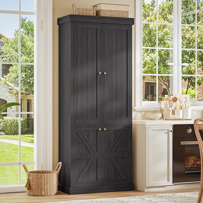 70.8" Tall Kitchen Pantry Cabinet with Doors, Farmhouse Modular Storage Cabinet with 4-Tier Adjustable Shelves, Large Storage Cabinet for Kitchen or Living Room, Black