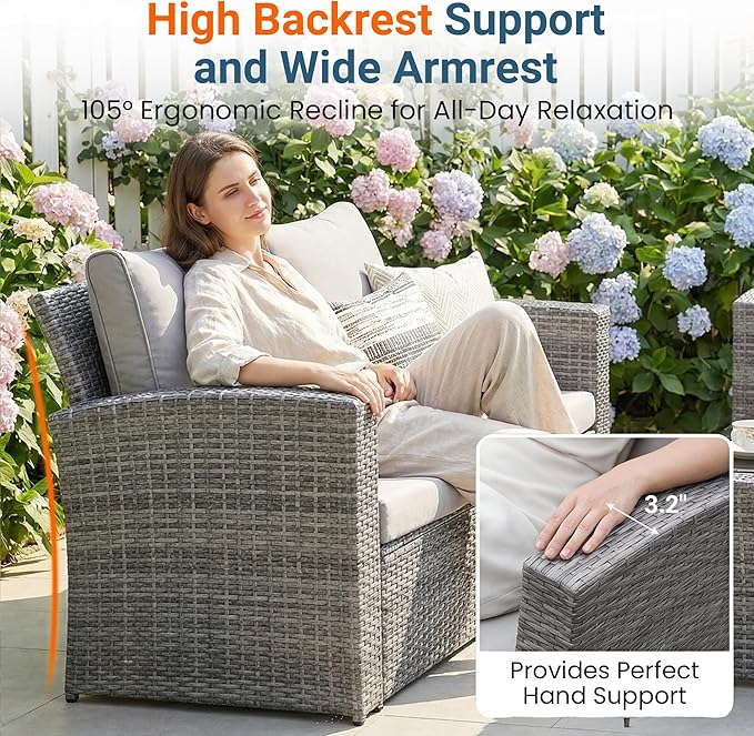 Wisteria Lane Patio Furniture Set, 5 Pieces Wicker Outdoor Furniture for All Weather, Patio Sofa with High Backrest Support and Wide Armrest for Backyard, Balcony, Deck, Porch, Ash Gray