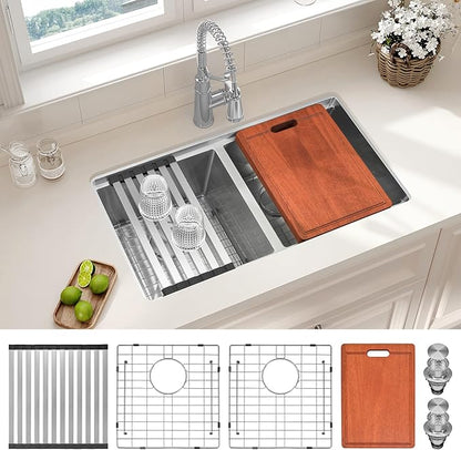 LQS 30 Inch Kitchen Sink Stainless Steel, Undermount Double Bowl Kitchen Sink, 50/50 Stainless Steel 16 Gauge Top-Grade with Fordable Roll-Up Drying Rack, Built-In Accessories and X-Shaped Drain Line