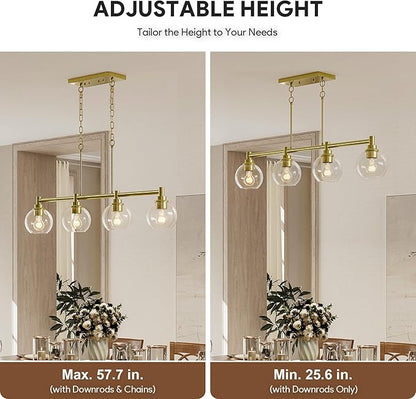 VONLUCE Dining Room Light Fixture Over Table, 4-Light Kitchen Island Lighting with Round Glass Shades & Adjustable Hanging Heights, Linear Chandlier for Dining Room Kitchen, Gold, ETL Certificated
