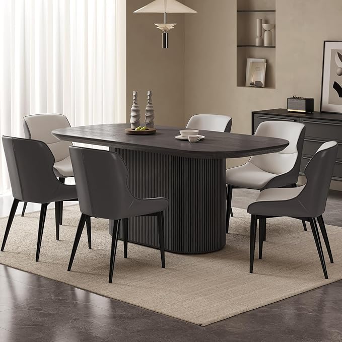 70" Oval Dining Table Set for 6, 7 Piece Kitchen Table Set with Oval Pedestal, Modern Dining Room Tables with 6 Chairs for Kitchen, Living Room, Bar, Black Dinner Tables