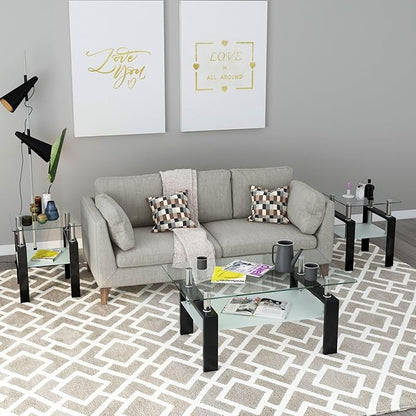 IANIYA 3 Piece Living Room Table Set, Modern Tempered Glass Coffee Table Set, Glass Coffee Table Black Metal Frame End Table for Living Room Apartment Small Space, Clear