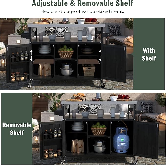 Modern Dining Table Outdoor Kitchen Island with Cabinet, Rolling Bar Cart, Farmhouse Solid Wood Grill Table with Stainless Steel Top, Spice Rack, Towel Rack for Kitchen Dining Room Tables,Blac