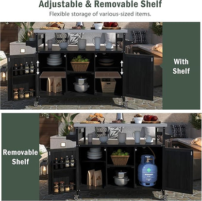 Modern Dining Table Outdoor Kitchen Island with Cabinet, Rolling Bar Cart, Farmhouse Solid Wood Grill Table with Stainless Steel Top, Spice Rack, Towel Rack for Kitchen Dining Room Tables,Blac