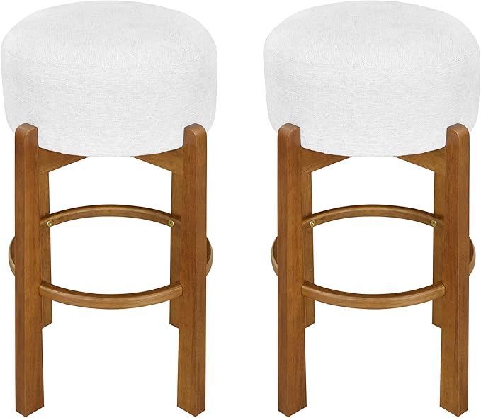 Set of 2 Bar Stools for Kitchen Island, Solid Rubberwood Counter Height Chairs with Dark Walnut Frame & Ivory Cushion, Mid-Century Modern Indoor Dining Stools with Footrest (2, Walnut)