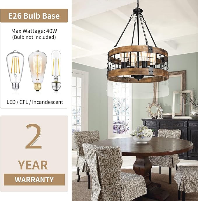 4-Light Rustic Chandelier for Entryway, Round Farmhouse Light Fixtures for Dining Room, Industrial Drum Hanging Pendant Lighting for Kitchen Island, Nature Wood Texture and Black Metal Finish
