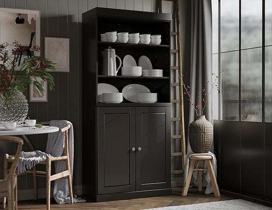 Palace Imports 100% Solid Wood Kitchen Pantry w/ 2 Wood Doors, Black, 32" w x 71.5" h, Renewable Eco-Friendly Pine, Made in Brazil