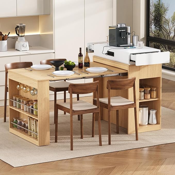 Extendable Dining Table with Folding Tabletop, Bar Table with Drawers and Power Outlet, Rolling Kitchen Island with Wheels and Hooks, Sideboard for Dining Room (Natural+Creamy White)
