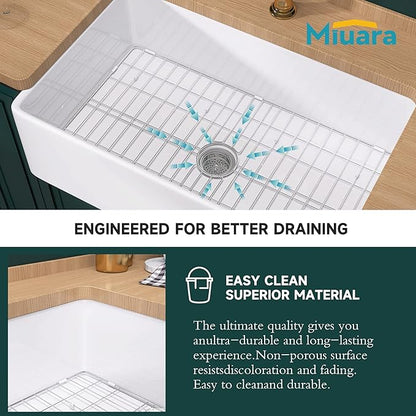 Miuara Farmhouse Sink 33 Inch - White Apron Front Kitchen Sink Reversible 33"x20"x10", Undermount, Farm House Style Large Deep Single Bowl, Heavy Duty Solid Fireclay, Glossy White, for Kitchen