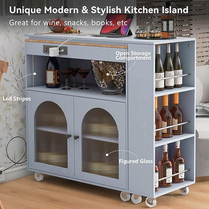Rolling Kitchen Island with Extended Table and Power Outlets 2 Fluted Glass Doors Storage Compartment 3 Side Open Shelves Practical(Gray)