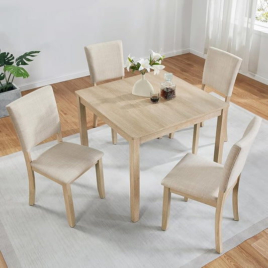 5-Piece Modern Wooden Dining Table Set for 4, Dining Table Set for 4 People with Upholstered Chairs, Square Kitchen Table and Chairs Set for Dining Room and Kitchen, Light Oak + Beige