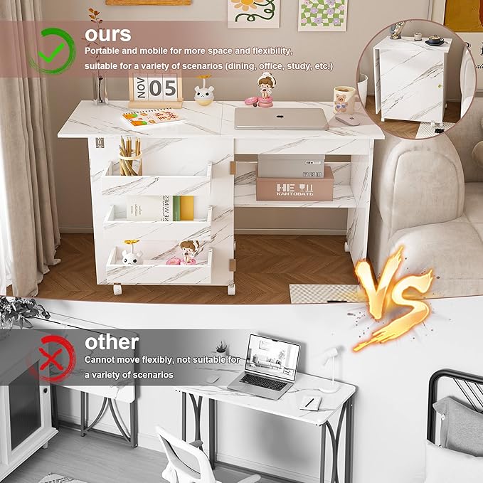 4-in-1 Folding Sewing Table with Lockable Wheels – Craft Station, Computer Desk, End Table & Kitchen Storage with Shelves, White Rolling Sewing Machine Table for Small Spaces
