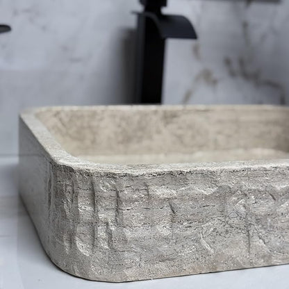 Shades of Nature Rectangular Travertine Vessel Sink, Natural Stone Wash Basin, Hand-Carved Bathroom Sink, Chiseled Exterior, Polished Interior, Above Counter Vanity (Soap Tray Included)