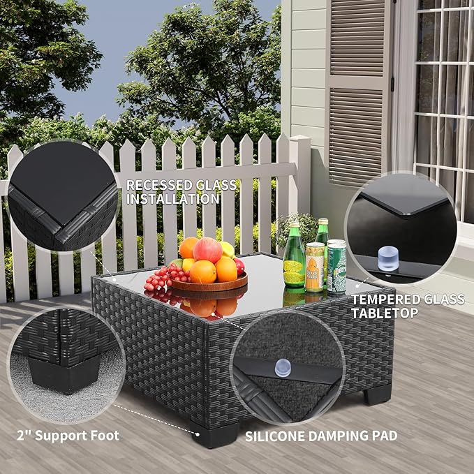 Rattaner Patio Sectional 6 Pieces All-Weather Wicker Patio Furniture Set Outdoor Sectional with Glass Table Non-Slip Cushions and Waterproof Cover, Khaki