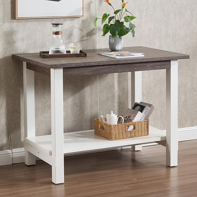 47.25" Dining Table for 2 4 6 Rectangular Solid Wood High Top Table, Rustic Dining Room Table with Open Shelves for Kitchen, Living Room, Home Office, Brown Brush and White