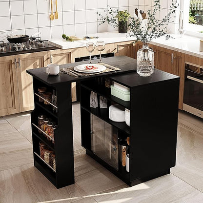 Modern Counter Height Dining Table,Extendable Kitchen Island & Buffet with Acrylic Sliding Doors,Pegboard,Half-Open Storage Shelves,Aluminum Alloy Handles (Black-MC)