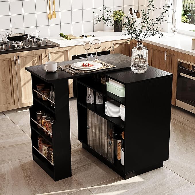 Modern Expandable Dining Table with Open Storage Shelf, Kitchen Island with Sliding Doors, Buffet Cabinet with Aluminum Alloy Handles (Black)