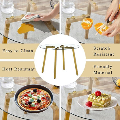Round Glass Dining Table Set with 2 Black Velvet Chairs, 42 Inch Diameter Clear Tempered Glass Top with Gold Metal Legs, Grid Pattern for Elegant Dining Room and Kitchen