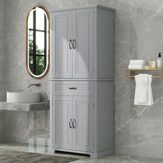 Storage Cabinet with 4 Doors and Drawers, 72.2" H Kitchen Cabinet with 6 Door Shelves, Kitchen Storage Cabinets with Adjustable Shelves for Living Room, Gray