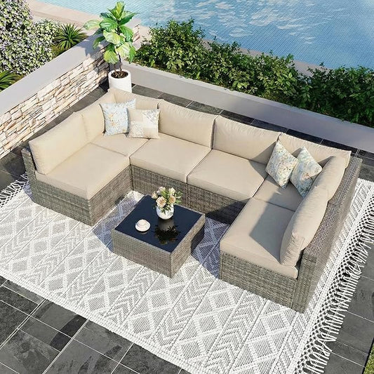 Wisteria Lane 7 Pieces Outdoor Patio Furniture Set, Wicker Outdoor Patio Sectional Sofas with Coffee Table, All-Weather Patio Conversation Set for Garden Backyard, Beige