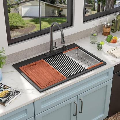 33 Granite Composite Kitchen Sink Double Bowl - Fulorni 33"x22" Matte black Granite Kitchen Sink Ledge Workstation Drop in Topmount Double Bowl 60/40 Quartz Classic Above Counter Basin
