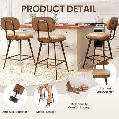MALOL 26“ PU Leather Swivel Bar Stools Set of 2, Mid Century Counter Height Bar Chairs with Low Back and Metal Legs, Modern Bar Stool Chair for Kitchen Island, Brown