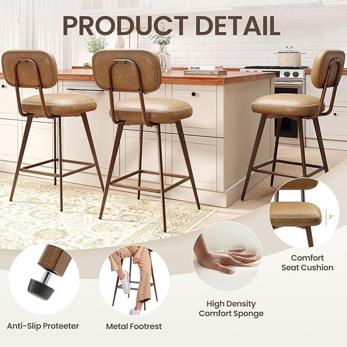 MALOL 26“ Swivel Bar Stools Set of 4, Mid Century PU Leather Counter Height Bar Chairs with Low Back and Metal Legs, Modern Bar Stool Chair for Kitchen Island, Brown