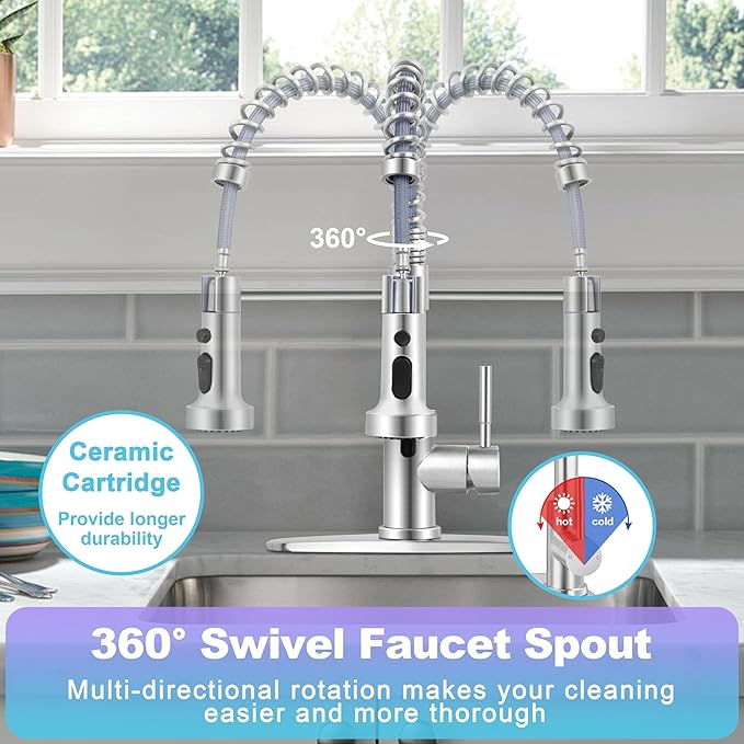 Herogo Touchless Kitchen Faucets with Soap Dispenser, Motion Sensor Activated Commercial Stainless Steel Sink Faucets with Pull Down Sprayer for Vanity RV, Brushed Nickel