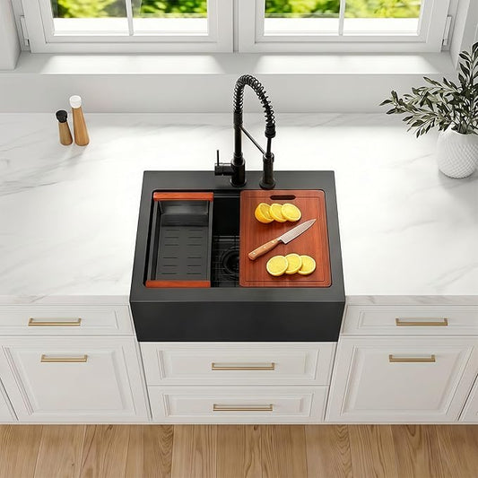 26 Inch Farmhouse Black Sink, 16 Gauge 304 Stainless Steel Farm Sinks, Drop In Topmount Single Bowl Workstation Sink with all Accessories, 26" x 22" x 10" Deep Kitchen Sink