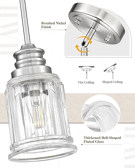 2 Packs Farmhouse Pendant Light Fixtures, HWH 1-Light Hanging Lighting, Kitchen Pendant Lighting Over Island, Brushed Nickel and Bell-Shaped Fluted Clear Glass, 5HZG106MIL-2L BN
