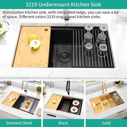 LQS Black Undermount Kitchen Sink, 32 Inch Undermount Kitchen Workstation Sink with X-Shaped Drain Line, 10 Inch Deep Single Bowl Black Kitchen Sinks For Modern Kitchen