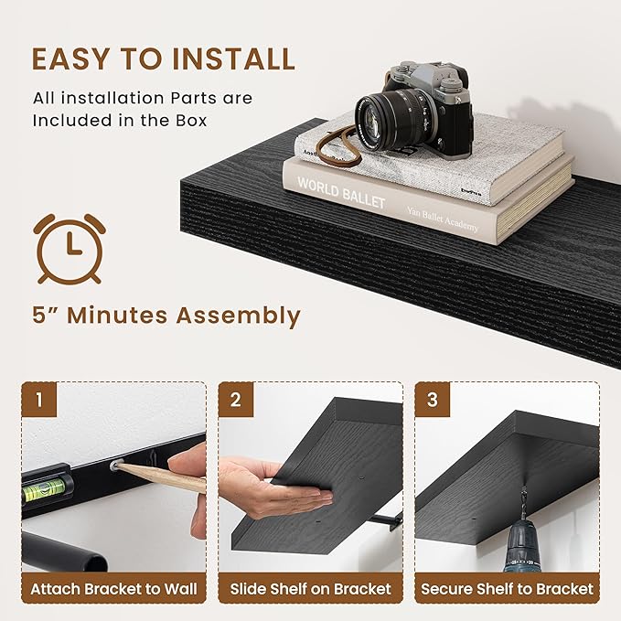 fuqing Floating Shelves for Wall, Wall Mounted Wood Floating Shelf with Invisible Brackets for Living Room, Bathroom, Bedroom, Kitchen Storage and Decor, 36 Inch Set of 2, Black