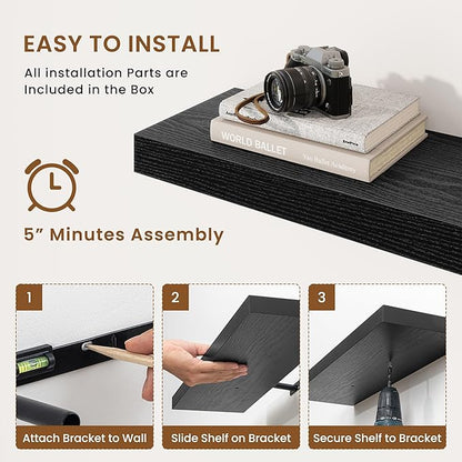 fuqing Floating Shelves for Wall, Wall Mounted Wood Floating Shelf with Invisible Brackets for Living Room, Bathroom, Bedroom, Kitchen Storage and Decor, 20 Inch Set of 2, Black