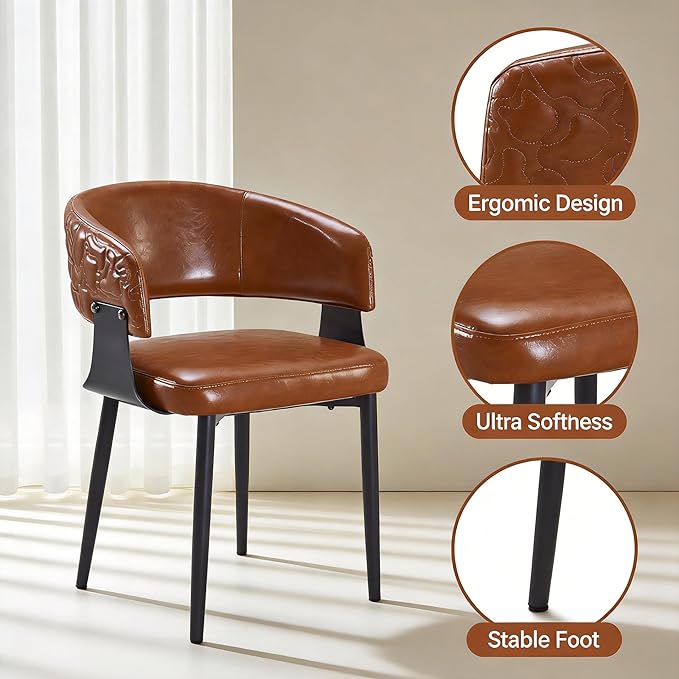 Atoll Modern Accent Dining Chairs Set of 2 with Upholstered PU Leather Seat & Curved Back, Metal Legs, Mid-Century Kitchen Chair for Dining Room, Living Room or Office (2, Brown)