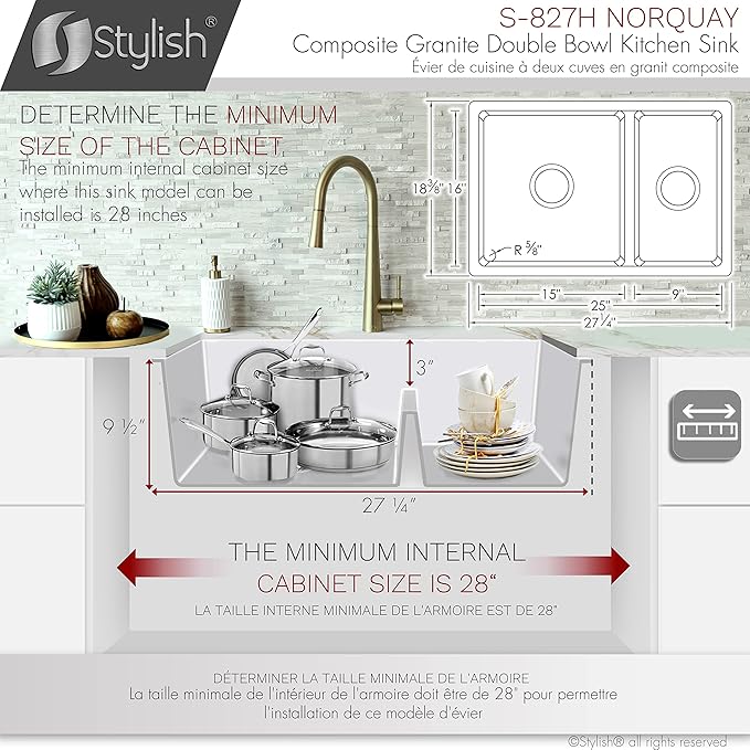 Stylish 27.25 x 18.75 Inch Drop In or Undermount Kitchen Sink Double Bowl Workstation 9.5 Inches Deep Granite Composite Kitchen Sinks with Regular Strainers White, S-827H