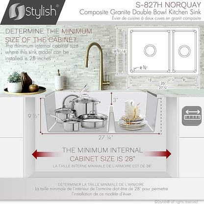 Stylish 27.25 x 18.75 Inch Drop In or Undermount Kitchen Sink Double Bowl Workstation 9.5 Inches Deep Granite Composite Kitchen Sinks with Regular Strainers White, S-827H