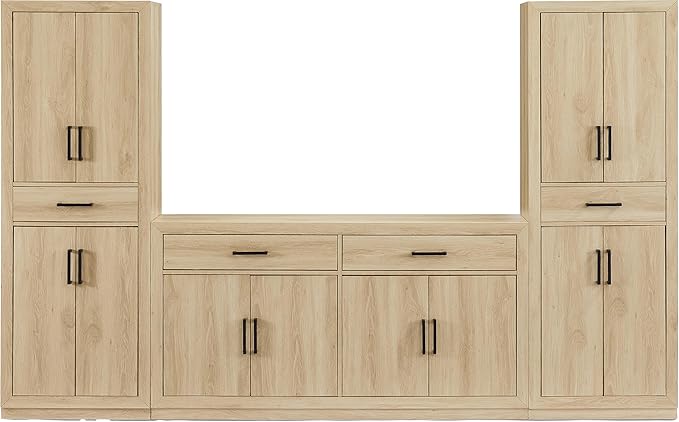 Crosley Furniture Isla 3-Piece Modern Sideboard Buffet Cabinet and Kitchen Storage Pantry Set, Ash