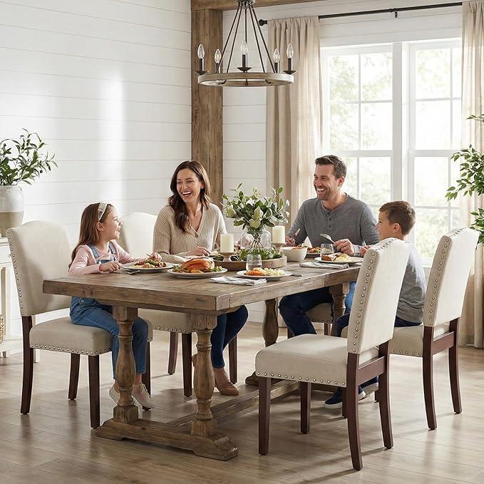 Upholstered Parsons Dining Chairs Set of 2, Modern Dining Room Chairs with Back, Fabric Kitchen Side Chairs with Wood Legs, Nailhead Trim for Dinner Farmhouse Restaurant, Beige