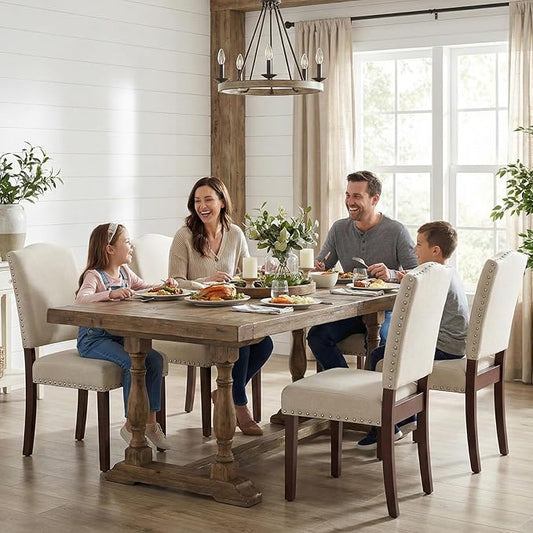 Upholstered Parsons Dining Chairs Set of 2, Modern Dining Room Chairs with Back, Fabric Kitchen Side Chairs with Wood Legs, Nailhead Trim for Dinner Farmhouse Restaurant, Beige