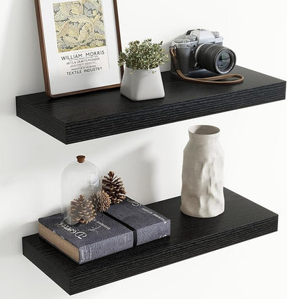 24 Inch Floating Shelves for Wall, 8 Inch Deep Floating Shelf for Storage & Display, Rustic Wall Mounted Shelf with Invisible Brackets for Living Room, Kitchen, Bathroom, Home Decor, Set of 2, Black