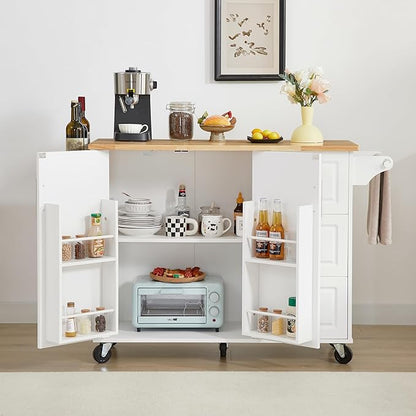 Modern Dining Table Expandable Kitchen Island with Drop Countertop Cabinet Tower Rack Rolling Cart Wheels Wood Console,White