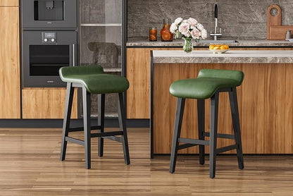 IDEALHOUSE 26.2" Solid Wood Bar Stools Set of 2, Counter Height Bar Stools with Wide PU Leather Upholstered Seat, Barstools Set for Kitchen Islands, Counter Bars, Green