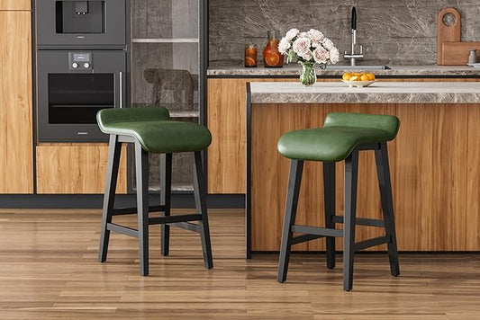 IDEALHOUSE 26.2" Solid Wood Bar Stools Set of 2, Counter Height Bar Stools with Wide PU Leather Upholstered Seat, Barstools Set for Kitchen Islands, Counter Bars, Green