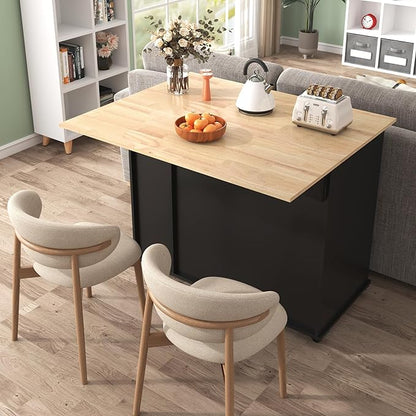 YOPTO 46" Kitchen Island with Drop Leaf,Dining Storage Cart W/ 3 Tier Pull Out Cabinet Organizer & Internal Storage Rack,Rolling Cart on Wheels W/Towel Rack & 2 Drawers,for Kitchen,Black